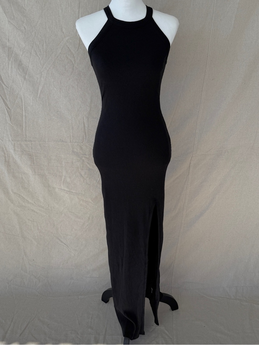 Express XS Ribbed Halter Maxi Black Bodycon Dress